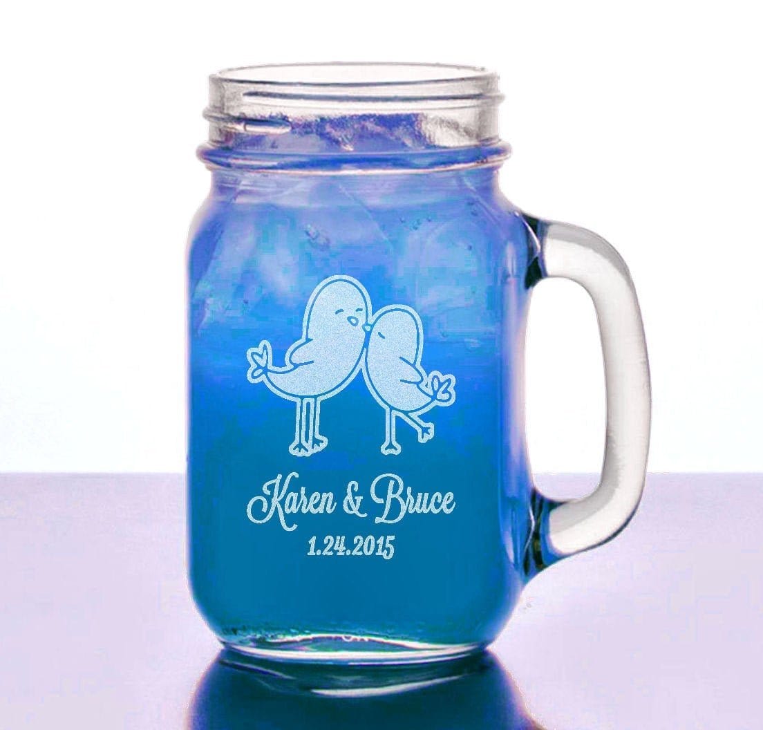 COUPLES GIFTS Love Birds Wedding Gift Idea Engraved Mason Jar 16oz Personalized Mug Present for Boyfriend, Couples Husband, Wife, Engagement Set of 2 Mugs
