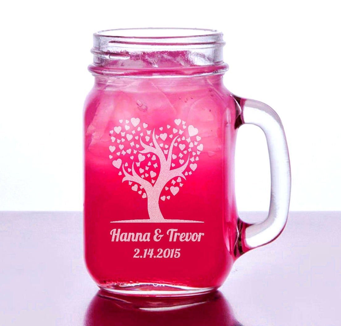 COUPLES GIFTS Love Tree Wedding Gift Idea Engraved Mason Mug 16oz Personalized Anniversary Present for Boyfriend, Girlfriend, Engagement, Couples