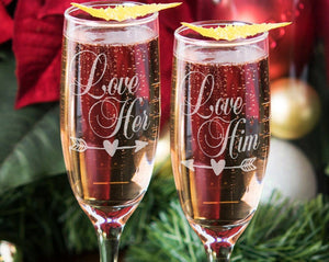COUPLES GIFTS LoveHer LoveHim Set of 2 Valentines Champagne Glasses Valentines Day Celebration Gift Engraved Wedding Anniversary Toasting Celebratory Gift