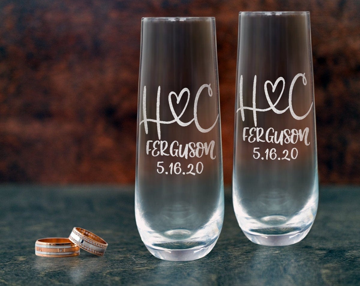 COUPLES GIFTS Monogrammed Initials Couples Gift Husband Wife His Her Set of 2 Champagne Wine Glass Engraved Glassware Renew Vows 25th Wedding Anniversary