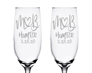 COUPLES GIFTS Monogrammed Initials Couples Gift Husband Wife His Her Set of 2 Champagne Wine Glass Engraved Glassware Renew Vows 25th Wedding Anniversary