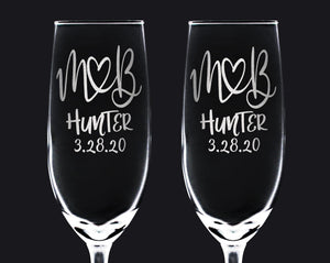 COUPLES GIFTS Monogrammed Initials Couples Gift Husband Wife His Her Set of 2 Champagne Wine Glass Engraved Glassware Renew Vows 25th Wedding Anniversary