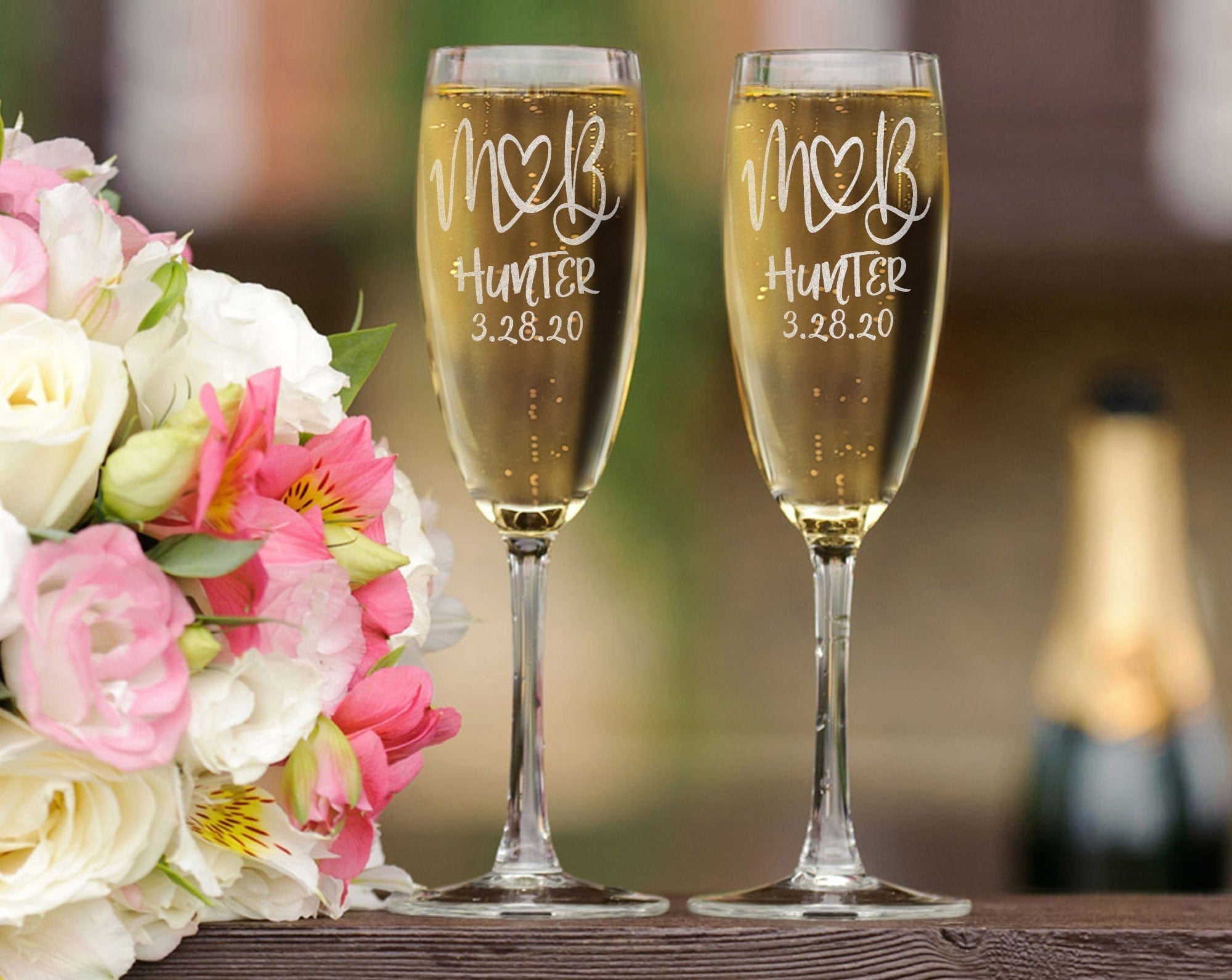 COUPLES GIFTS Monogrammed Initials Couples Gift Husband Wife His Her Set of 2 Champagne Wine Glass Engraved Glassware Renew Vows 25th Wedding Anniversary
