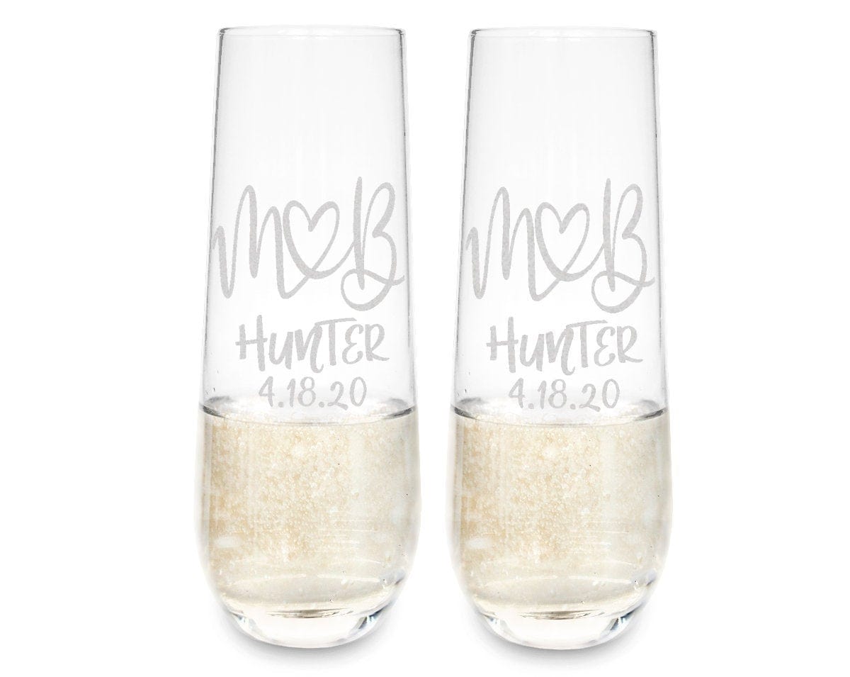 COUPLES GIFTS Monogrammed Initials Couples Gift Husband Wife His Her Set of 2 Stemless Champagne Engraved Glassware Renew Vows 25th Wedding Anniversary