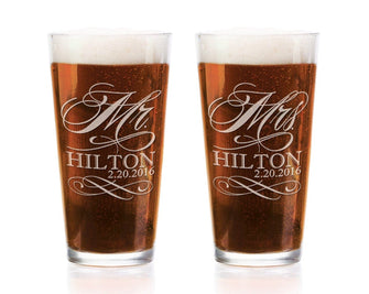 COUPLES GIFTS Mr and Mrs Custom Pilsner Pub Glass Set of 2 Pint Glasses for Future Couples Mrs Mr His and Hers New Last Name Beer Mugs Bride Groom Gift