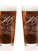 COUPLES GIFTS Mr and Mrs Custom Pilsner Pub Glass Set of 2 Pint Glasses for Future Couples Mrs Mr His and Hers New Last Name Beer Mugs Bride Groom Gift