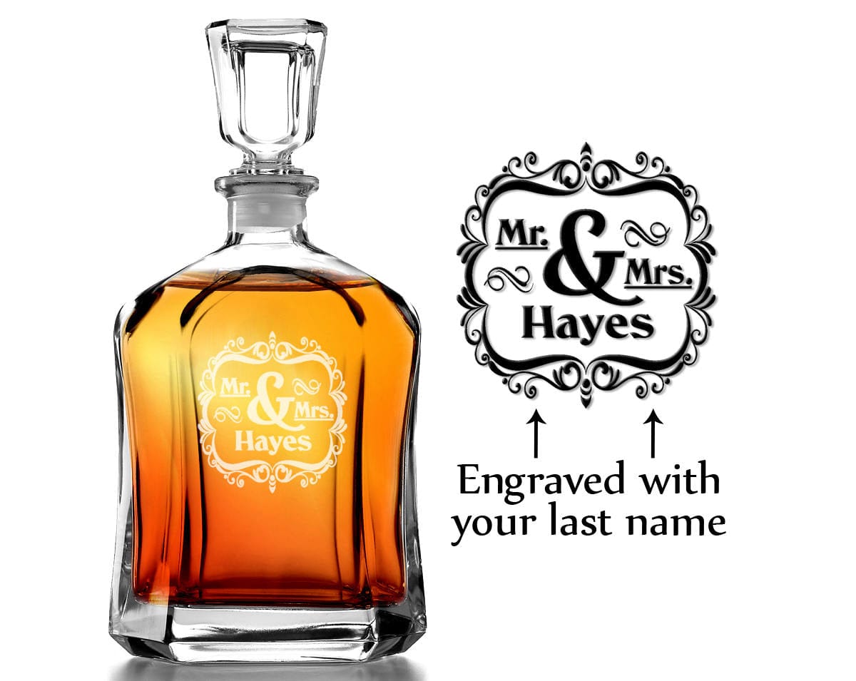 COUPLES GIFTS Mr. and Mrs. Newlywed Couples Personalized  Engraved Glass Decanter For Wife Husband Just Married  Bride Groom Liquor Decanter Wedding Gift