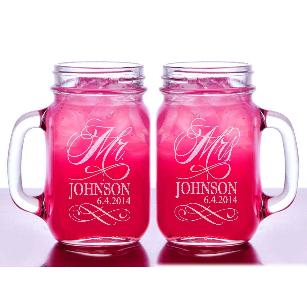 COUPLES GIFTS Mr and Mrs Personalized Wedding Mason Jars Set of 2 Engraved His Hers Weddding Gift Favor Idea Newlyweds Jar Handle Mug Glasses