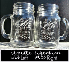 COUPLES GIFTS Mr and Mrs Personalized Wedding Mason Jars Set of 2 Engraved His Hers Weddding Gift Favor Idea Newlyweds Jar Handle Mug Glasses