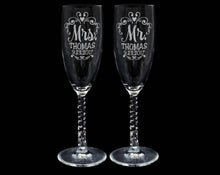COUPLES GIFTS Mr. Mrs. Wedding Reception Celebratory Flutes Twisty Stem Groom Bride Champagne Glass Favor Gift for Couple Newlywed Mr Mrs Him Her Glasses