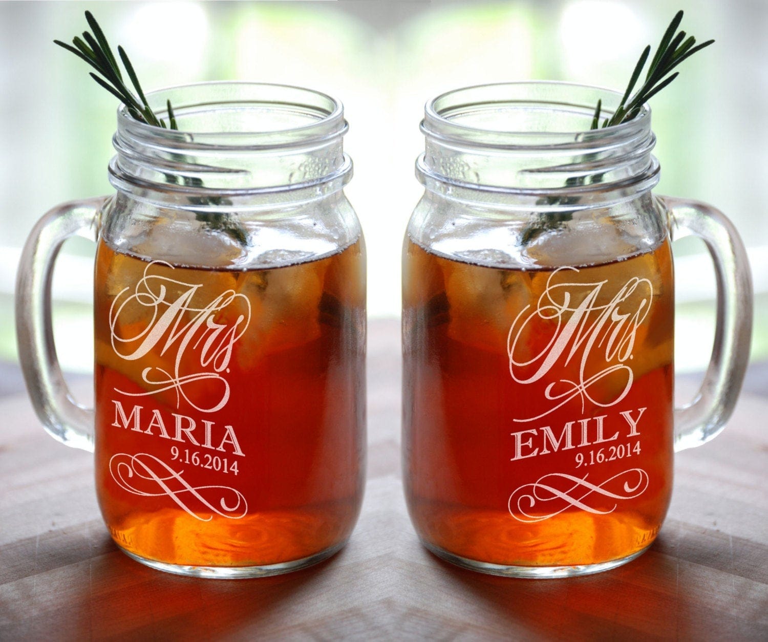 COUPLES GIFTS MRS and MRS Personalized Lesbian Wedding Mason Jar  Set of 2 Engraved Her Anniversary Gift Favor Idea Girlfriend Toasting Glass Civil Union