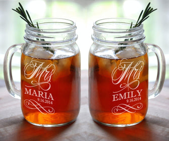 COUPLES GIFTS MRS and MRS Personalized Lesbian Wedding Mason Jar  Set of 2 Engraved Her Anniversary Gift Favor Idea Girlfriend Toasting Glass Civil Union