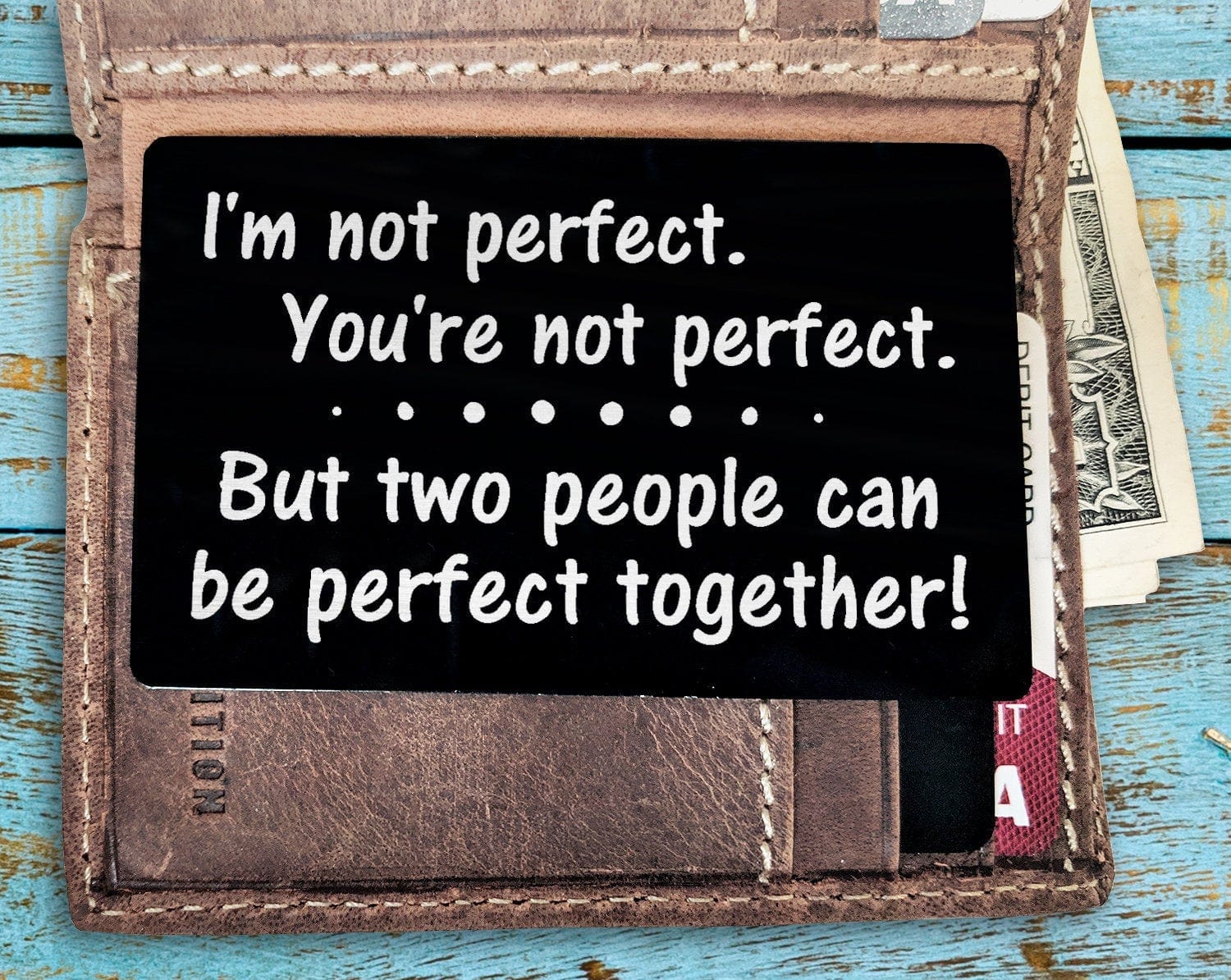 COUPLES GIFTS Perfect Couple Cute Gift for Wife Husband Wallet Card Keepsake Unique Quote on Wallet Insert Metal Engraved Newly Engaged Gift Engagement