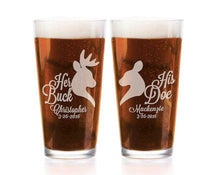 COUPLES GIFTS Persaonzlied His Buck Her Doe Engraved Pint Pub Glasses for Country Wedding Favor Beer Mug, Anniversary, Engagement Gift for Groom, Bride