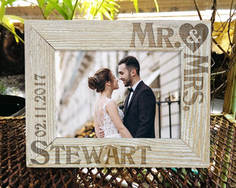 COUPLES GIFTS Personalized Mr & Mrs Picture Frame Wedding Gift for Newlywed Couple Custom Engraved Rustic Wood Frame Personalized with Last Name  Date