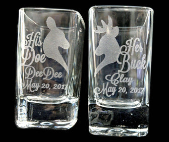 COUPLES GIFTS Set of 2 Buck and Doe Shot Glasses Engraved Country Wedding Anniversary Bachelor Bachelorette Gift Idea Bride Groom Party Favor Date Name