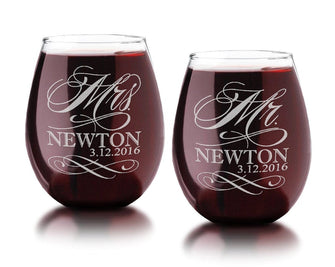 COUPLES GIFTS Set of 2 Personalized Mr. Mrs. Stemless Wine Glasses Last Name and Date Couples Wedding Anniversary Engagement Gift Custom Engraved Glasses