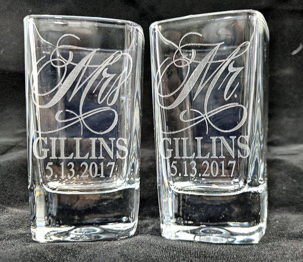 COUPLES GIFTS Set of 2 Personalized Wedding Shot Glasses Wedding Gifts Custom Engraved MR & MRS Last Name and a Wedding Date Shot Glass Set Newlywed Gifts