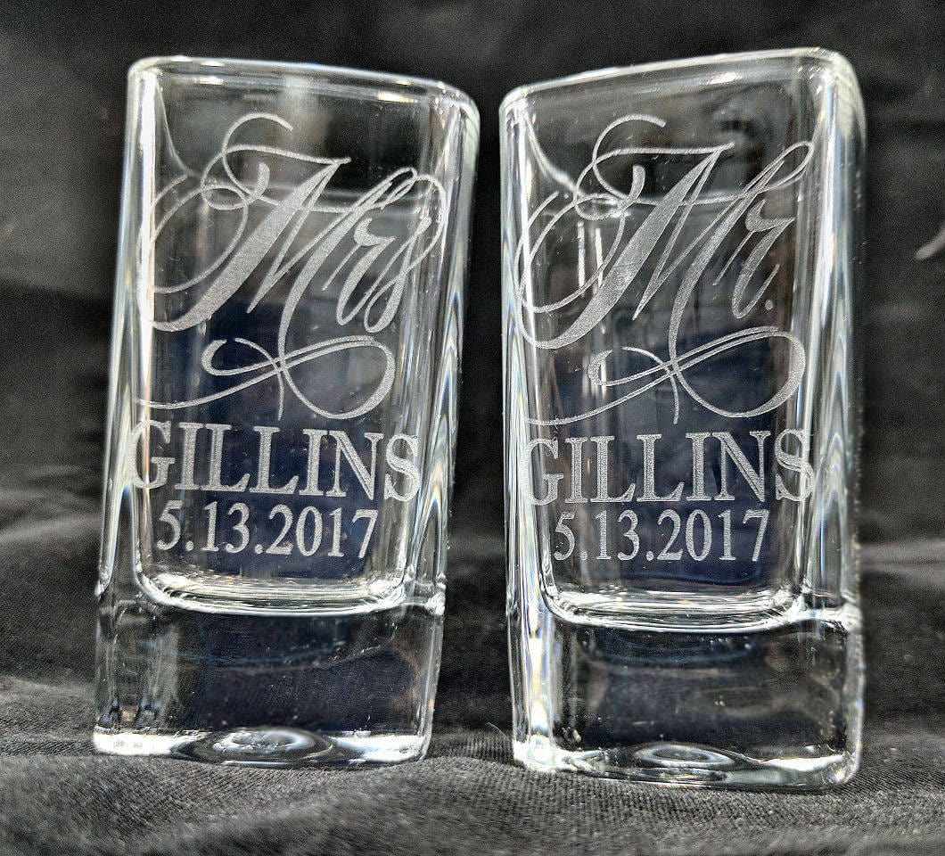 COUPLES GIFTS Set of 2 Personalized Wedding Shot Glasses Wedding Gifts Custom Engraved MR & MRS Last Name and a Wedding Date Shot Glass Set Newlywed Gifts