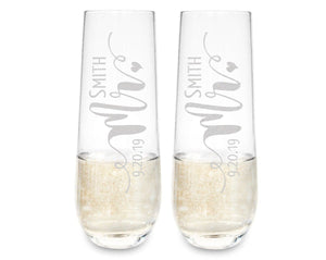 COUPLES GIFTS Stemless Champagne Mr Mrs Personalized Set of 2 Toasting Bridal Party Bride Groom Glasses Engaged Wedding Proposal Gift Custom Wine Flutes