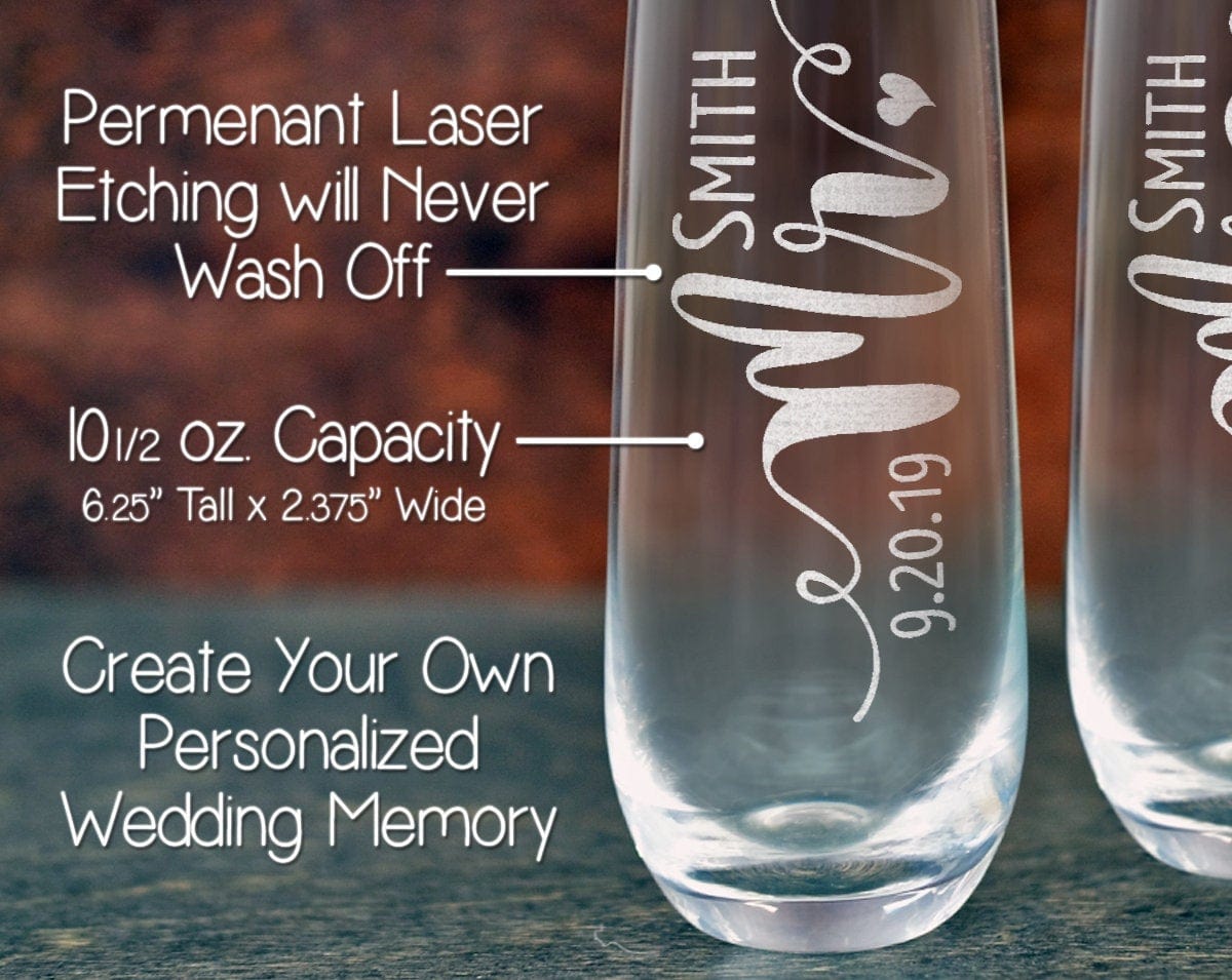 COUPLES GIFTS Stemless Champagne Mr Mrs Personalized Set of 2 Toasting Bridal Party Bride Groom Glasses Engaged Wedding Proposal Gift Custom Wine Flutes