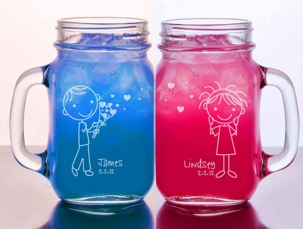 COUPLES GIFTS Stick Figures Bouquet of Hearts Mason Jar Glasses Set of 2  Personalized Mug Handle Engraved  Wedding Anniversary Engagement Gift Couples