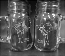 COUPLES GIFTS Stick Figures Bouquet of Hearts Mason Jar Glasses Set of 2  Personalized Mug Handle Engraved  Wedding Anniversary Engagement Gift Couples