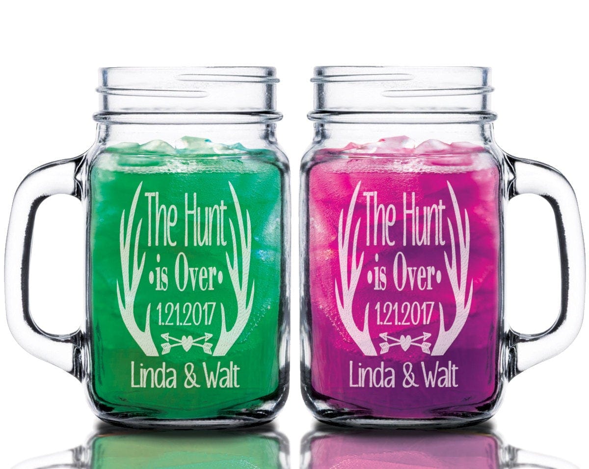 COUPLES GIFTS The Hunt is Over Personalized Engraved Set of 2 Mason Jars Wedding Gift Decoration Country Wedding Masons Custom His Her Bride Groom Glasses