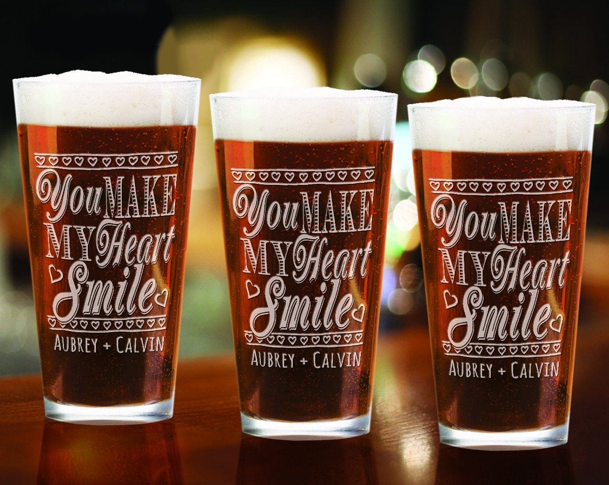 COUPLES GIFTS You Make My Heart Smile Personalized Pub Glass Happy Valentines Day Boyfriend Girlfriend First Valentine's Day Couples Gift for Wife Husband