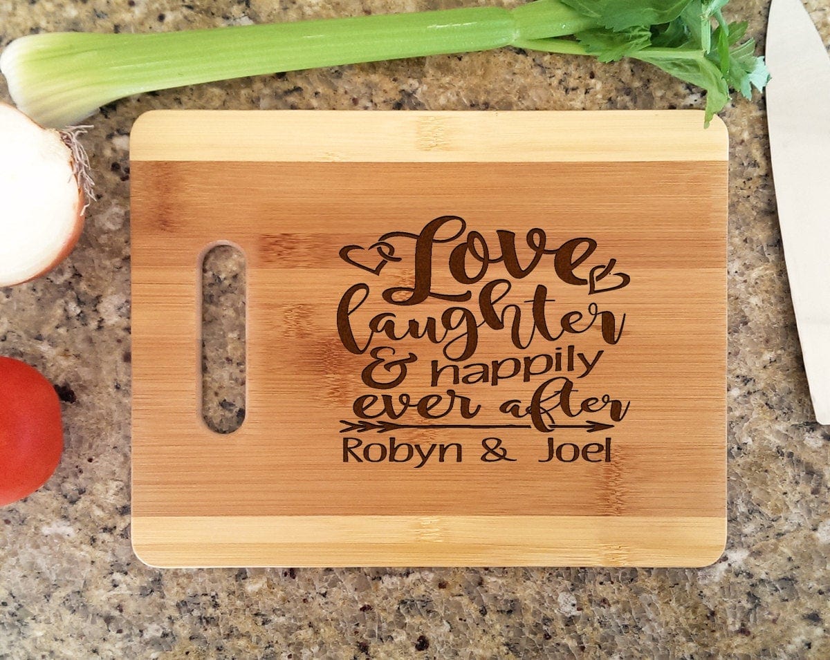 Custom Cutting Boards Personalized Wood Cutting Board Love Laughter & Happily Ever After Custom with Names Valentines Day Gift, Bride Groom Gift, Home Decor Gift