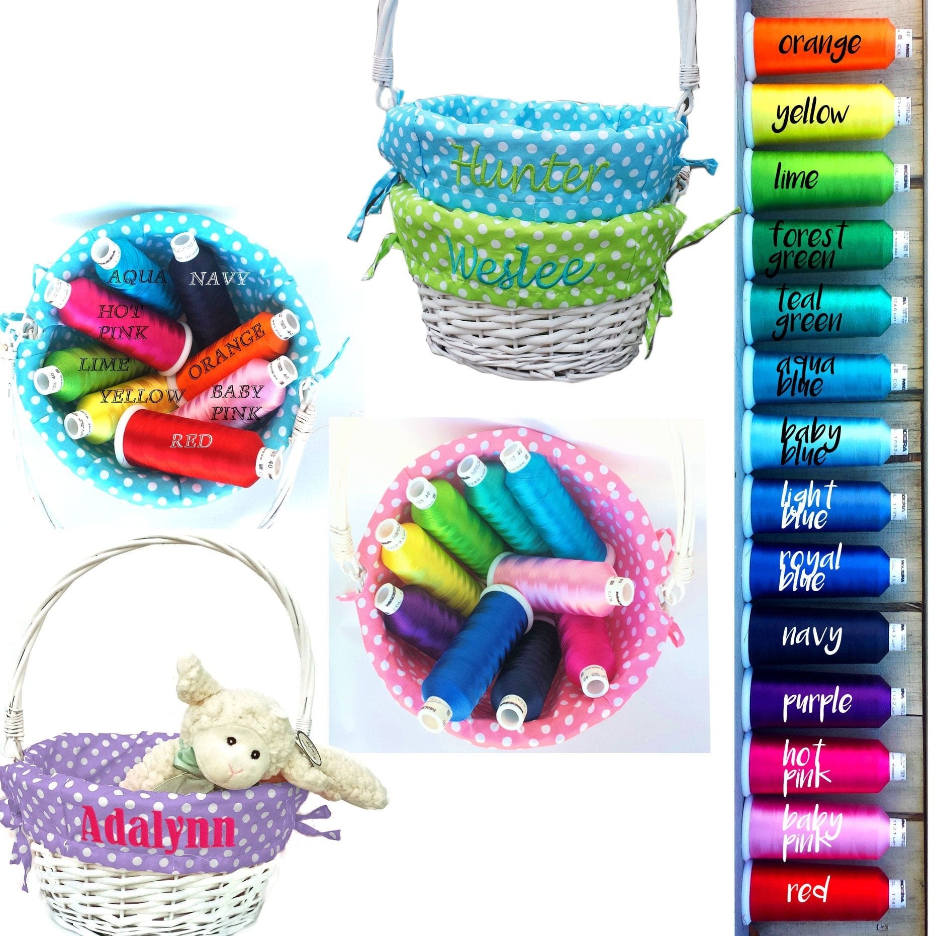 EASTER Personalized Easter Basket -Easter Baskets Folding Handle Polkadot Easter Basket Liner Blue Green Purple Pink For Boys Girls White Yellow