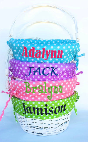 EASTER Personalized Easter Basket -Easter Baskets Folding Handle Polkadot Easter Basket Liner Blue Green Purple Pink For Boys Girls White Yellow