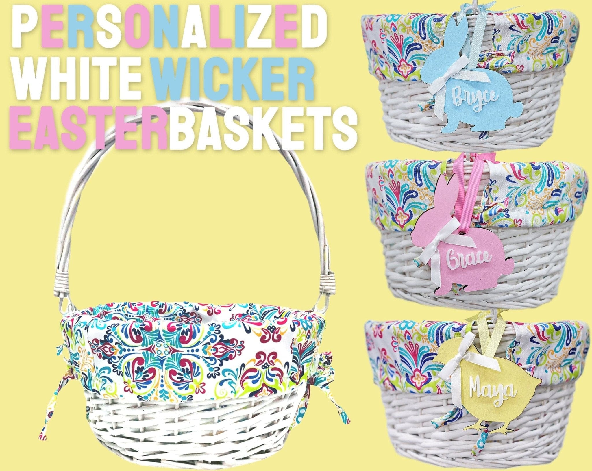 EASTER Personalized Easter Basket Easter Baskets Folding Handle White Wicker Easter Basket Blue Green Purple Pink For Boys Girls White Yellow