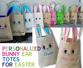 EASTER Personalized Easter Baskets for Toddlers Cute Easter Tote Canvas Bag Embroidered Name Easter Bunny Face Pink or Blue Liner For Boys Girls