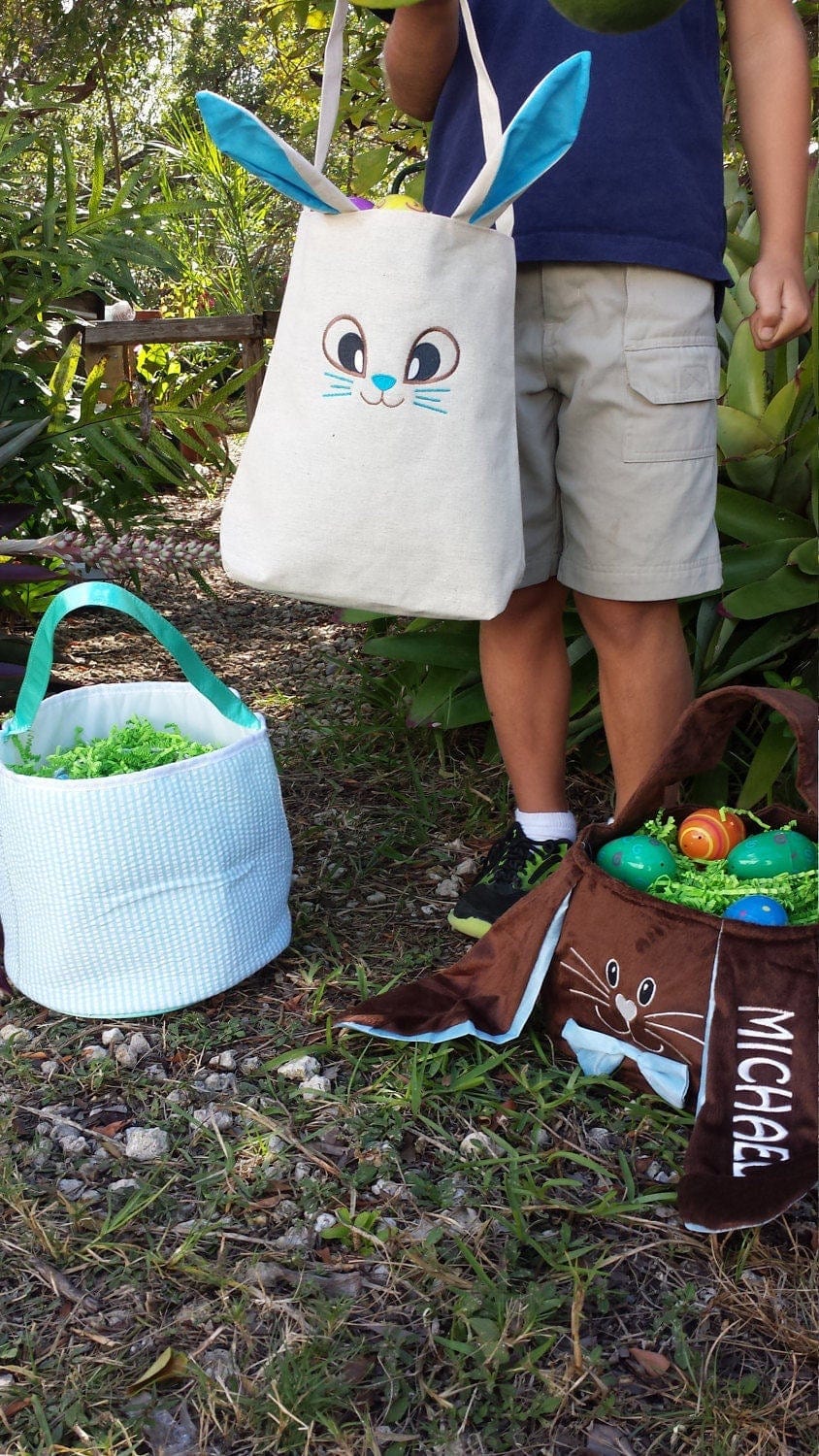 EASTER Personalized Easter Baskets for Toddlers Cute Easter Tote Canvas Bag Embroidered Name Easter Bunny Face Pink or Blue Liner For Boys Girls