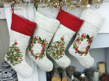 CHRISTMAS STOCKINGS Embroidered Christmas Stockings Heirloom Linen Designer Embellished Christmas Tree Wreath White Ribbon Beads Stocking