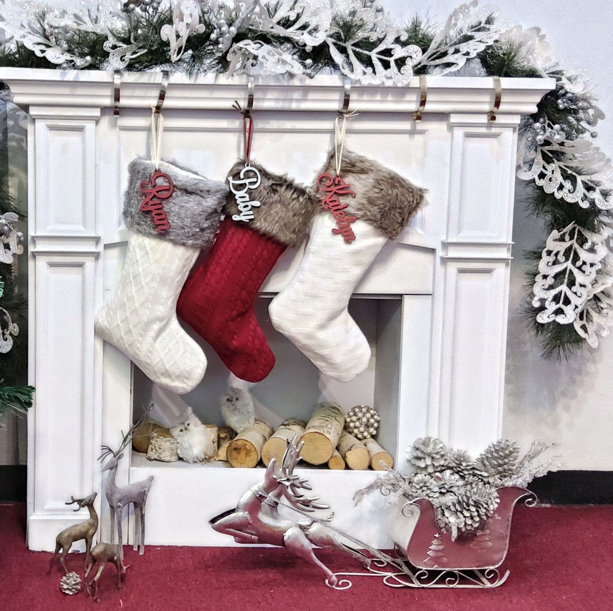 CHRISTMAS STOCKINGS Faux Fur Cuff Cable Knit Christmas Stockings Ivory Brown Grey Personalized with Cutout Wood Name Tag Custom Xmas 2021 Stocking Decor