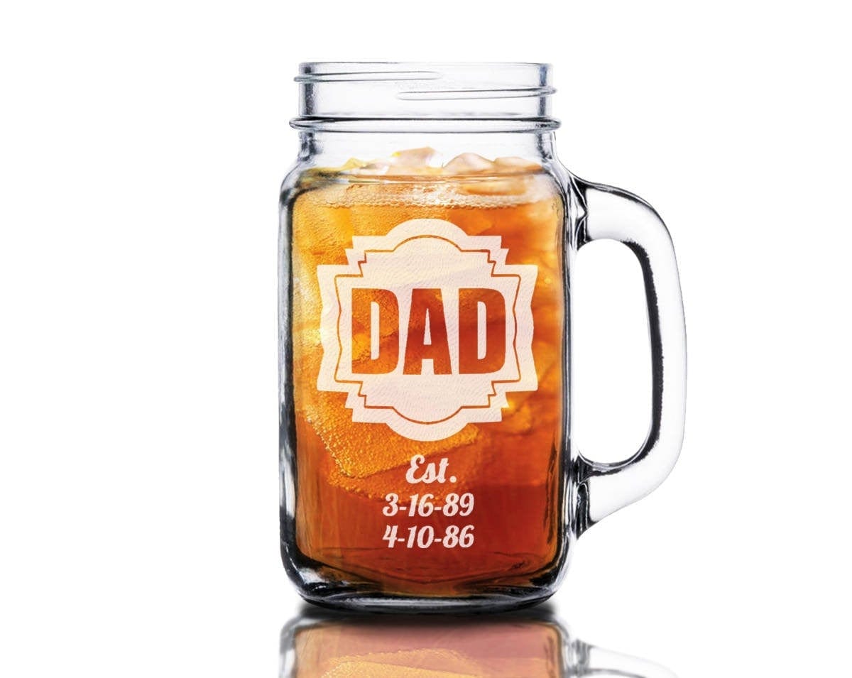 FOR DAD & GRANDPA DAD Fathers Day Gift Idea Engraved Mason Jar Mug 16 Oz Personalized Drinking Glass Etched Gift for Father Grandpa Kids Birth Dates