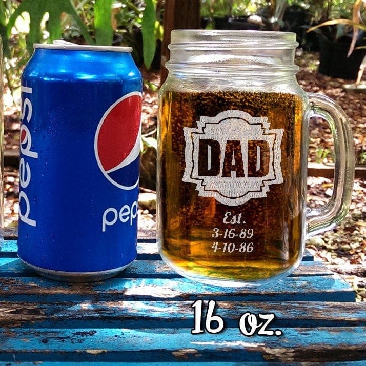 FOR DAD & GRANDPA DAD Fathers Day Gift Idea Engraved Mason Jar Mug 16 Oz Personalized Drinking Glass Etched Gift for Father Grandpa Kids Birth Dates
