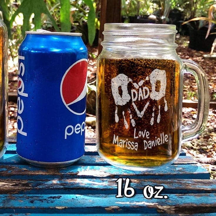 FOR DAD & GRANDPA Dad Handprint Heart Fathers Day Gift Idea Mason Jar Personalized Drinking Glass Etched Gift for Dad from Kids Son Daughter Daddy Gifts