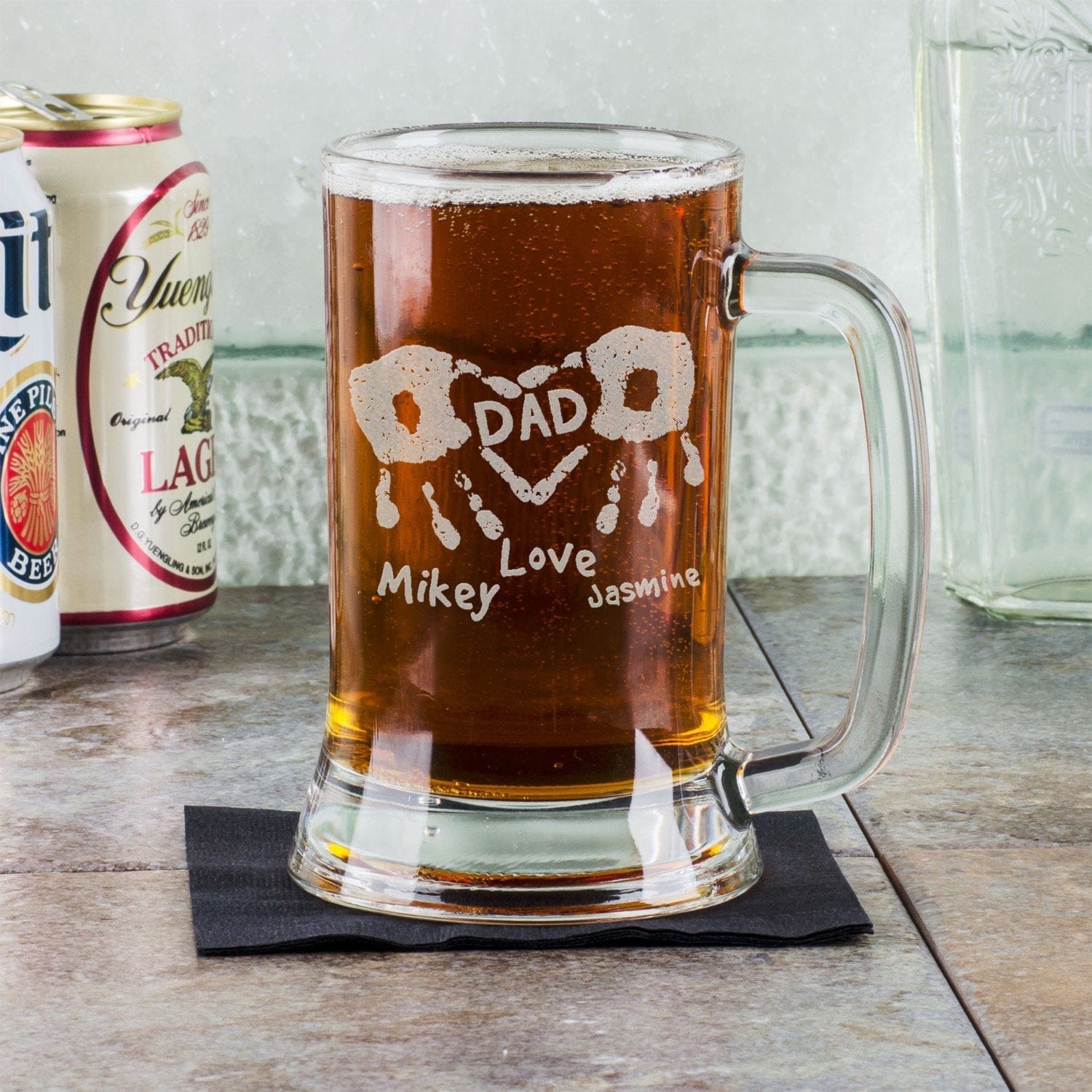 FOR DAD & GRANDPA DAD Handprints  Heart 16Oz Personalized Beer Mug Etched with Kids Names Father's Day Gift for Dad Daddy Pop from Son Daugther Father Present