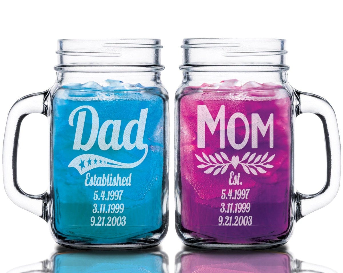 FOR DAD & GRANDPA Dad Mom Combo Set of 2 Custom Mason Jar with Established Date Daddy Papa Gifts Mommy Mama Parents Mugs Mothers Day Fathers Day Present Idea