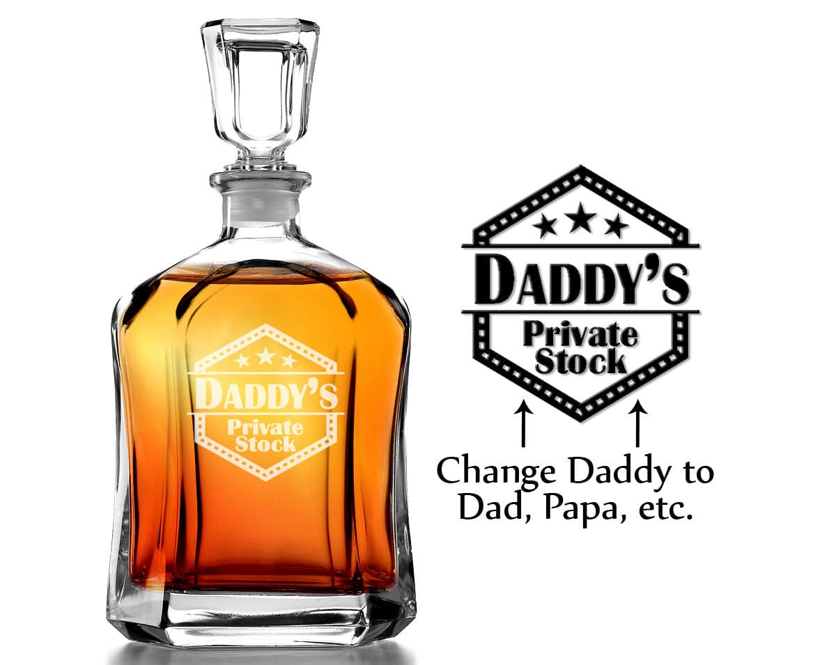 FOR DAD & GRANDPA Daddy's Private Stock Dad Papa Personalized 23oz Whiskey Glass Decanter for Father's Day, Grandpa, Husband Birthday, from Son, Wife