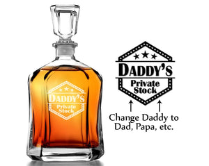 FOR DAD & GRANDPA Daddy's Private Stock Dad Papa Personalized 23oz Whiskey Glass Decanter for Father's Day, Grandpa, Husband Birthday, from Son, Wife