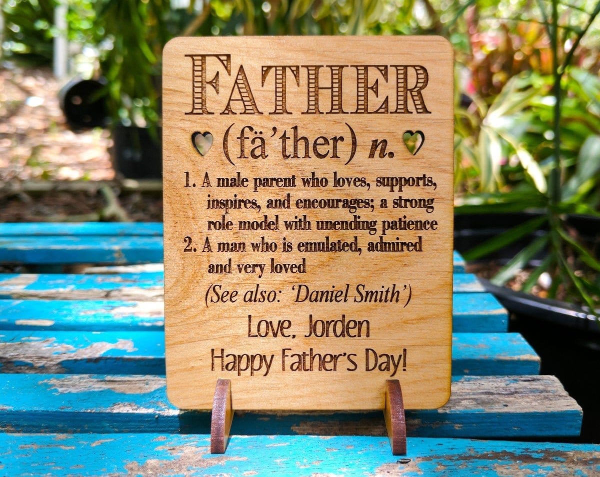 FOR DAD & GRANDPA Definition of Father Personalized Fathers Day Wood Greeting Card With Stand New Dad to Be Child GIft to Parent Mens Gift Present for Daddy