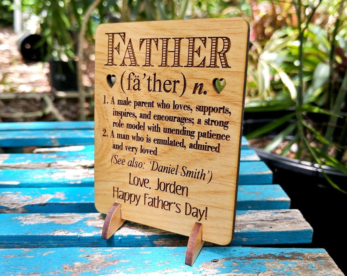 FOR DAD & GRANDPA Definition of Father Personalized Fathers Day Wood Greeting Card With Stand New Dad to Be Child GIft to Parent Mens Gift Present for Daddy