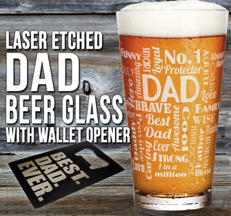 FOR DAD & GRANDPA Fathers day gifts for Daddy, Dad Word Art Pub Glass Set with Wallet Card Beer Opener PERMANENT Laser Engraved Husband New Best Dad Men Gift