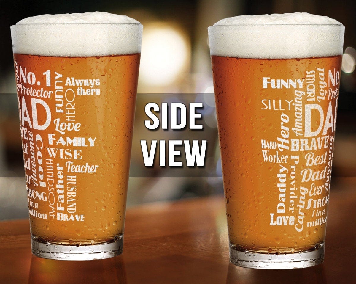 FOR DAD & GRANDPA Fathers day gifts for Daddy, Dad Word Art Pub Glass Set with Wallet Card Beer Opener PERMANENT Laser Engraved Husband New Best Dad Men Gift