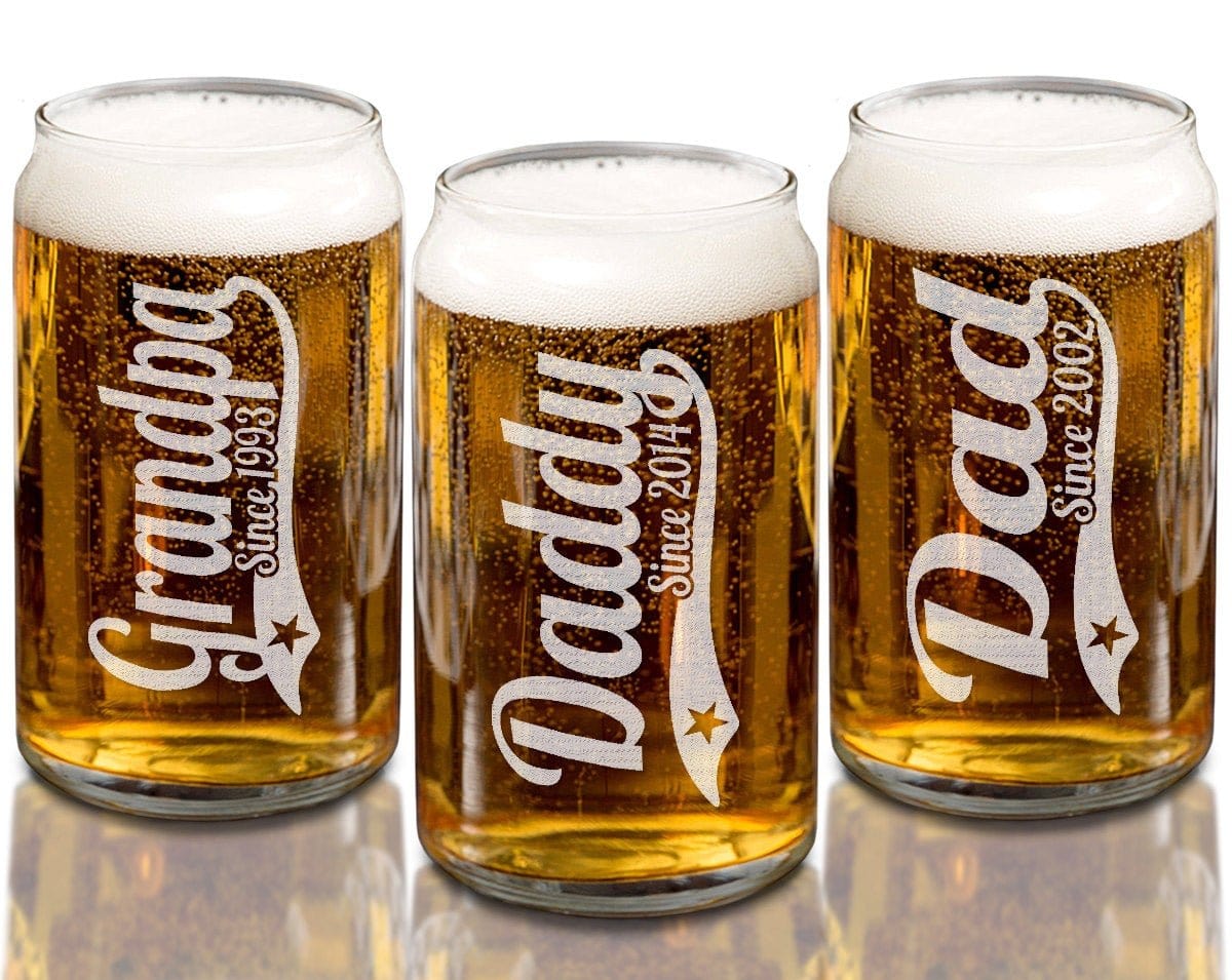 FOR DAD & GRANDPA Fathers Day Single 16 0z Beer Can Glass Personalized with Daddy, Dad, Grandpa and First Kid Birthdate Custom Drinking Glass Papa Gift Idea