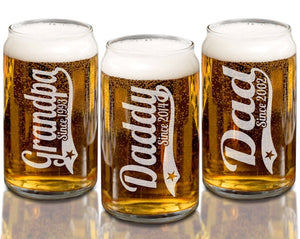 FOR DAD & GRANDPA Fathers Day Single 16 0z Beer Can Glass Personalized with Daddy, Dad, Grandpa and First Kid Birthdate Custom Drinking Glass Papa Gift Idea